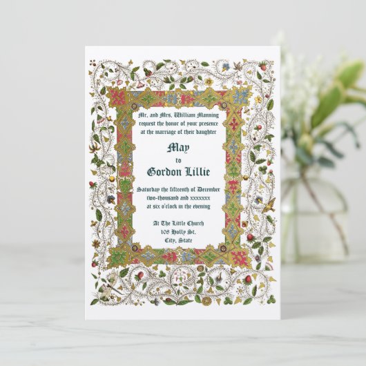 エレガントなビクトリア時代 1883 年 中世スタイルの結婚式 招待状 (スタンド正面)