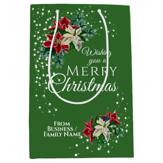 エレガントなビジネス用クリスマスプレゼント ポインセチアの花束 ミディアムペーパーバッグ (正面)