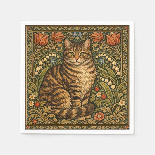 エレガントなビンテージの猫の花の植物画 スタンダードカクテルナプキン (正面)