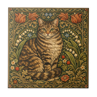 エレガントなビンテージの猫の花の植物画 タイル