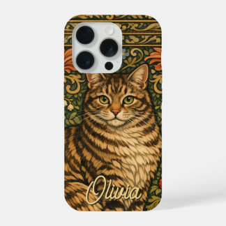 エレガントなビンテージの猫の花の植物画 iPhone 15 PROケース