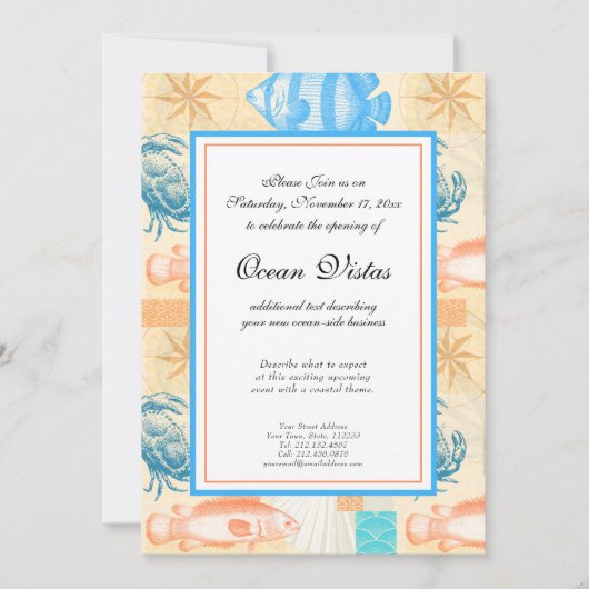 エレガントなビンテージの魚介類コラージュ 招待状 (正面)