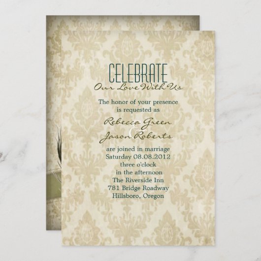 エレガントなビンテージクリームダマスクペコックウェディング 招待状 (正面/裏面)