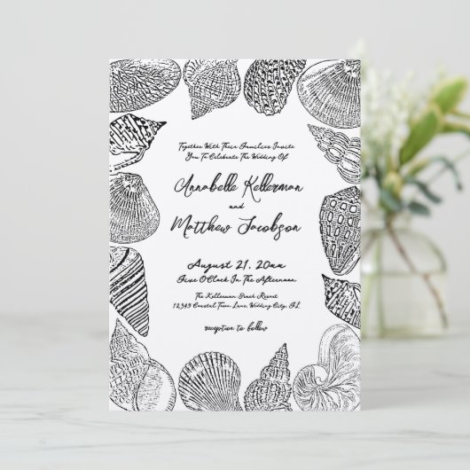 エレガントなビンテージ シェル ビーチ ウェディング 招待状 (スタンド正面)