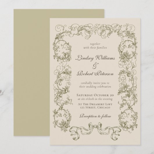 エレガントなビンテージ ベージュ クリーム オーナメント ウェディング 招待状 (正面/裏面)