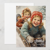 エレガントなビンテージ レトロ クラシックな子供たちとそり シーズンカード (正面/裏面)