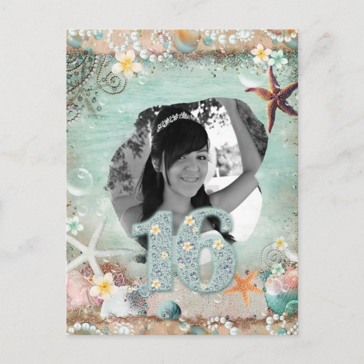 エレガントなビーチの海星パール 16歳の16回目の誕生日 案内ポストカード (正面)