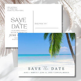 エレガントなビーチウェディングの「Save the Date」 案内ポストカード