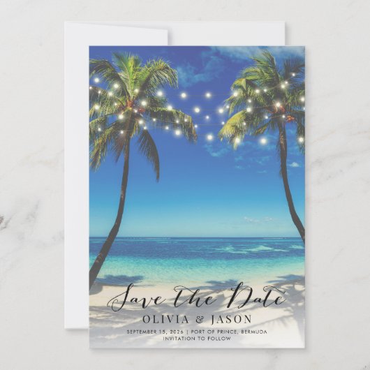 エレガントなビーチストリングライト ウェディング セーブザデート 招待状 (正面)