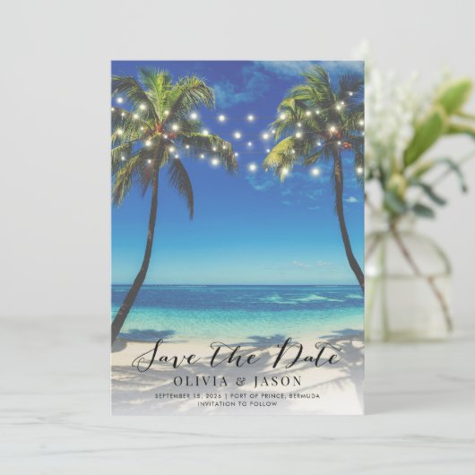 エレガントなビーチストリングライト ウェディング セーブザデート 招待状 (スタンド正面)