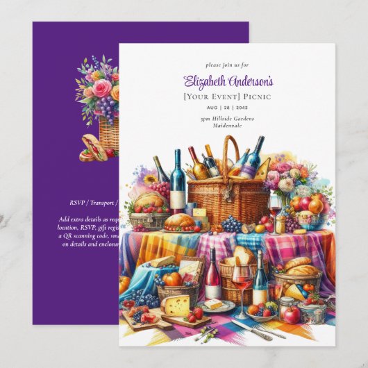 エレガントなピクニックパーティー 誕生日 引退 どんなイベントにも 招待状 (正面/裏面)