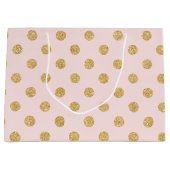 エレガントなピンクおよび金ゴールドのグリッターの水玉模様パターン ラージペーパーバッグ (正面)