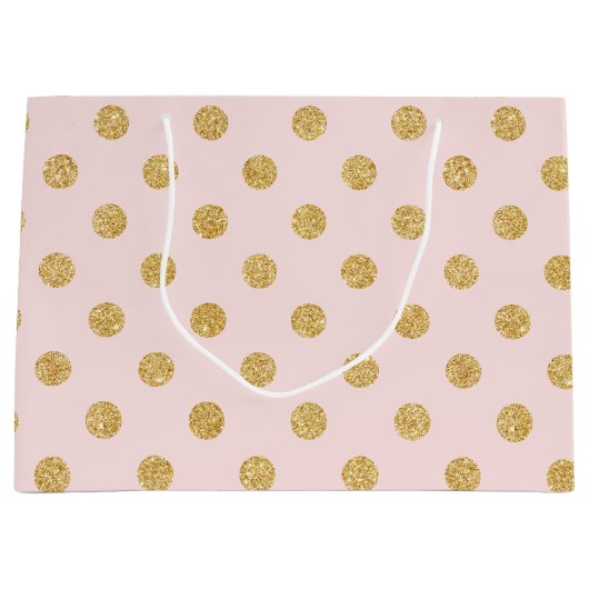 エレガントなピンクおよび金ゴールドのグリッターの水玉模様パターン ラージペーパーバッグ (正面)
