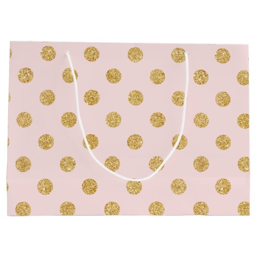エレガントなピンクおよび金ゴールドのグリッターの水玉模様パターン ラージペーパーバッグ (裏面)