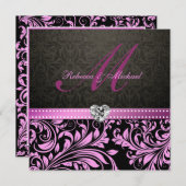 エレガントなピンクおよび黒いダマスク織の結婚式の招待 招待状 (正面/裏面)