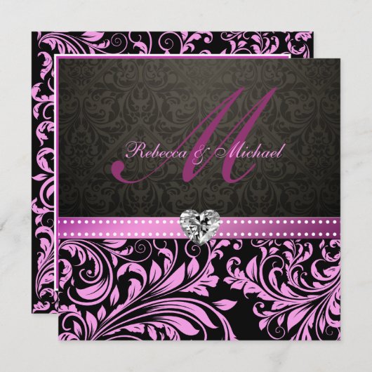エレガントなピンクおよび黒いダマスク織の結婚式の招待 招待状 (正面/裏面)