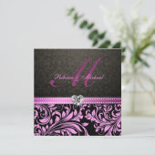 エレガントなピンクおよび黒いダマスク織の結婚式の招待 招待状 (スタンド正面)