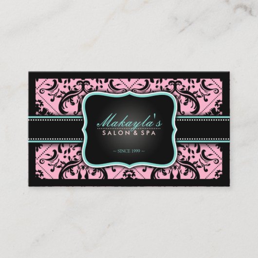 エレガントなピンクおよび黒いヴィンテージのダマスク織 予約カード (正面)