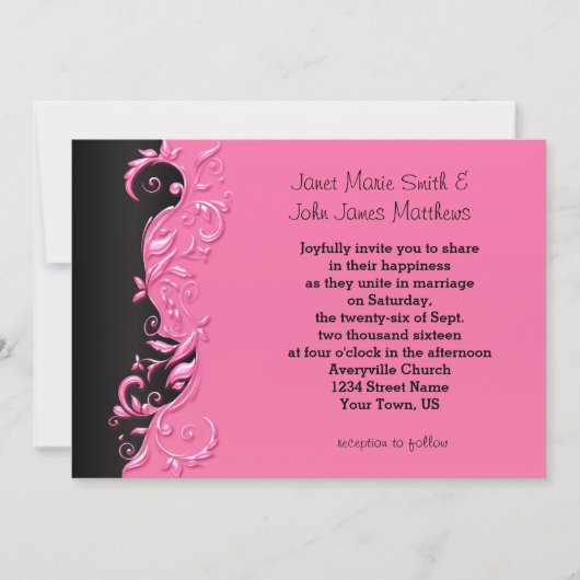 エレガントなピンクおよび黒く派手な結婚式招待状 招待状 (正面)
