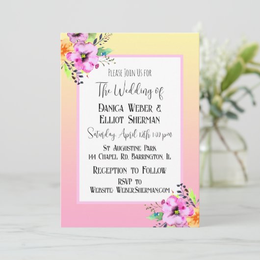 エレガントなピンクとイエローのペチュニアの花のウェディング 招待状 (スタンド正面)