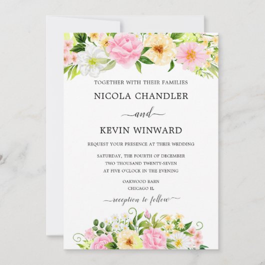 エレガントなピンクとイエローの花のウェディング 招待状 (正面)