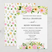 エレガントなピンクとイエローの花のウェディング 招待状 (正面/裏面)