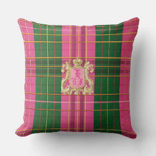 エレガントなピンクとグリーンのチェック柄モノグラムスローピロー クッション