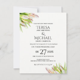 エレガントなピンクとグリーンのチューリップのウェディング・ウォーターカラー 招待状