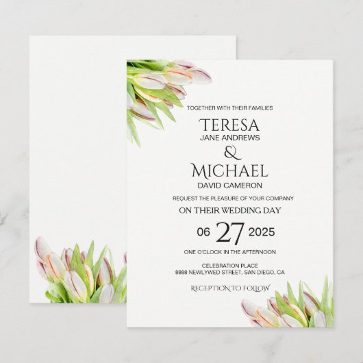 エレガントなピンクとグリーンのチューリップのウェディング・ウォーターカラー 招待状 (正面/裏面)