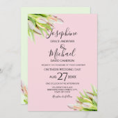 エレガントなピンクとグリーンのチューリップのサマーウェディング 招待状 (正面/裏面)