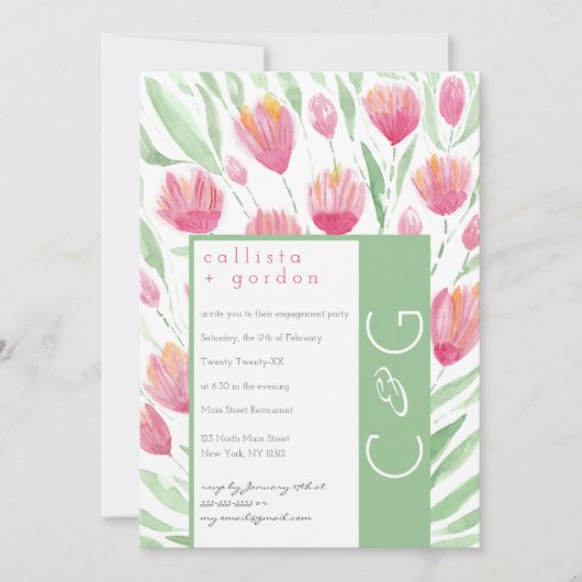 エレガントなピンクとグリーンのチューリップの花の水彩ウェディング 招待状 (正面)