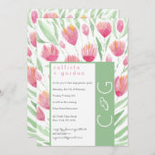 エレガントなピンクとグリーンのチューリップの花の水彩ウェディング 招待状 (正面/裏面)