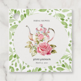 エレガントなピンクとグリーンの花のブライダルシャワー フェイバータグ