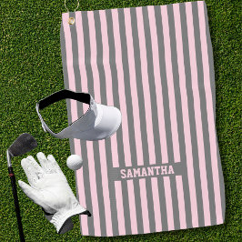 エレガントなピンクとグレーのストライプのモノグラムカスタム ゴルフタオル