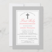 エレガントなピンクとグレーのストライプ ファーストコミュニオン 招待状 (正面)