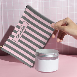 エレガントなピンクとグレーのストライプ ミニマルカスタム アクセサリーポーチ