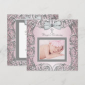 エレガントなピンクとグレーの洗礼招待状 招待状 (正面/裏面)