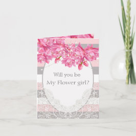 エレガントなピンクとグレーの花柄レースのウェディング サンキューカード