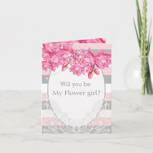 エレガントなピンクとグレーの花柄レースのウェディング サンキューカード (正面)