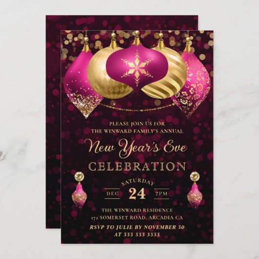 エレガントなピンクとゴールドのウィンターバブル 新年の夜 招待状 (正面/裏面)