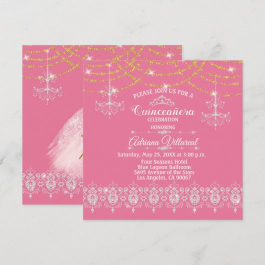 エレガントなピンクとゴールドのキンセアニェラ 招待状 (正面/裏面)