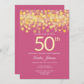 エレガントなピンクとゴールドのストリングライト 50歳の誕生日 招待状 (正面/裏面)