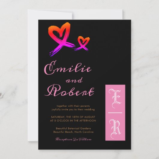 エレガントなピンクとゴールドのハートモノグラムウェディング 招待状 (正面)