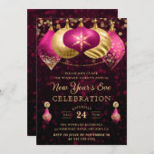 エレガントなピンクとゴールドの冬の宝玉 大晦日 招待状 (正面/裏面)