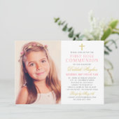 エレガントなピンクとゴールドの初めての聖体拝領の少女の写真 招待状 (スタンド正面)