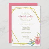 エレガントなピンクとゴールドの水彩花のバット・ミツバ祭 招待状 (正面/裏面)