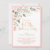 エレガントなピンクとゴールドの花の女性の60歳の誕生日 招待状 (正面)