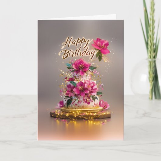 エレガントなピンクとゴールドの花の誕生日ケーキ カード (正面)