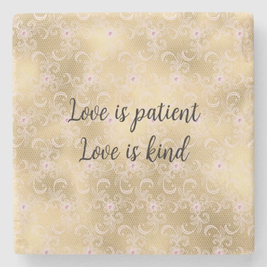 エレガントなピンクとゴールドの花柄レース ストーンコースター (正面)