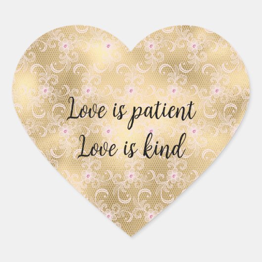 エレガントなピンクとゴールドの花柄レース ハートシール (正面)